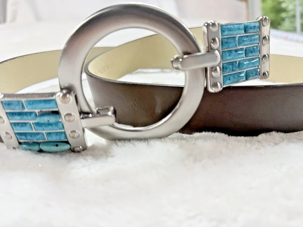 Chicos Turquoise Leather Belt Brown Silver O Ring Buckle Western Southwestern ML